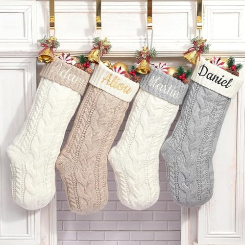 Infiher Weihnachtsstrumpf Personalisiert 46cm Gestrickte Nikolausstrumpf mit Bestickte Namen,Christmas Stocking Familie Weihnachtssocken zum aufhängen für Kamin,Home Decoration(Beige-4Pack)