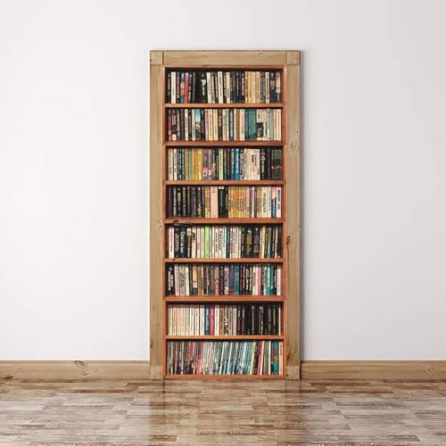 Türtapete Selbstklebend 77x200 Bücherregal Aus Holz Türfolie Bücher Aus Der Bibliothek Türaufkleber Fototapete 3D Effekt Türklebefolie Türposter für Innentür Schlafzimmer Bad Dekoration M1255