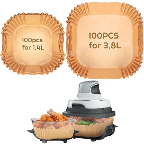 YQL 200PCS Air Fryer Liners Disposable for Ninja CRISPi Portable Airfryer | Square Airfryer Paper Liners for Ninja Crispi Glass Air Fryer FN101UK, 100PCS Large for 3.8L&100PCS Small for 1.4L Container