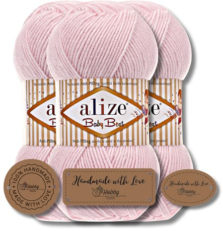 Hobby YARN 3x Etikettenlabel mit Alize Baby Best Wolle Premium 3x100g als Set, Antipilling Babywolle Acryl Uni & Batik Strickgarn zum Häkeln und Stricken (184)