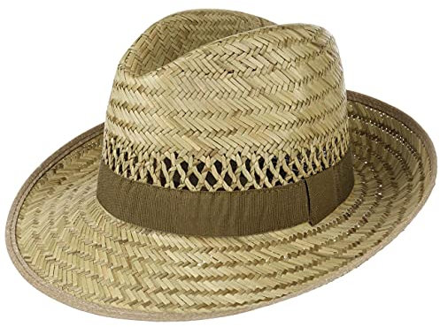 Lipodo Ernte Sei Dank Strohhut Herren - Klassischer Bogart-Stil aus 100% Naturstroh - Italienischer Sommerhut mit Oliv Ripsband - Breite Krempe 7 cm für Sonnenschutz - Größen 55-61 cm - Unisex Design