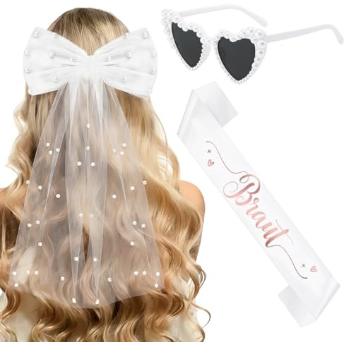 3 Stück JGA Accessoires Frauen- Schleier JGA Weiße, Braut Schärpe, Herz Sonnenbrille Perle, Bride to Be deko Frauen für Junggesellenabschied Brautparty und Hochzeitsfotografie
