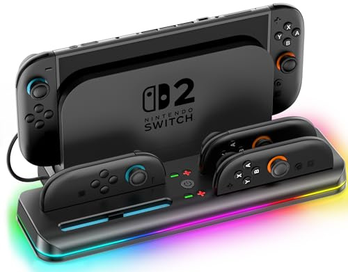 Tokluck Dock di ricarica per Switch 2 Joy-con 2025, Caricatore del Controller per Nintendo Switch 2 con 9 Modalità di Luce RGB, Accessori per Switch 2 con Cavo di Ricarica per i Giocatori