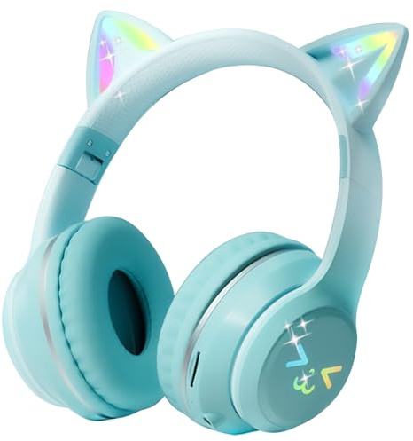 Joso Casque Bluetooth 2 en 1 pour enfants, casque filaire/sans fil avec microphone pour filles et garçons, bandeau réglable, casque pliable à oreilles de chat