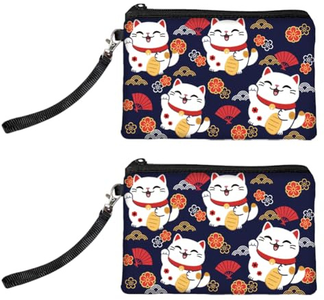 Peacoblue 2 Stück Münzbörse Damen,Canvas Maneki-Neko-Katze kleingeldbörse | Kleine Reißverschluss Kleingeldbörse aus weichem Stoff, Mini Tasche für Münzen, Schlüssel, Reisen und Geschenke für Damen