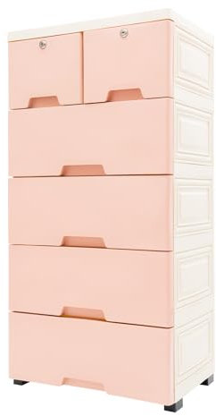 Mqwdxzfes 102 cm Rollkommode, Rosa Kommode mit 4 Räder, 6 Schubladenorganisation Drawer Organizer 5-stufiger Aufbewahrungsschrank Kleidung Standschrank Kinderkleiderschrank für Schlafzimmer