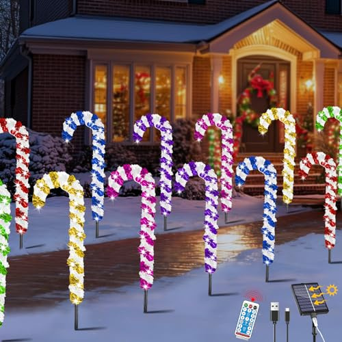 VEEKAY 12 Piezas Luces Solares de Navidad Exterior,Decoraciones Navideñas para Exteriores con 8 Modos,Resistente al Agua,Bastón de Caramelo LED,Bastones de Caramelo Cadena de Luces