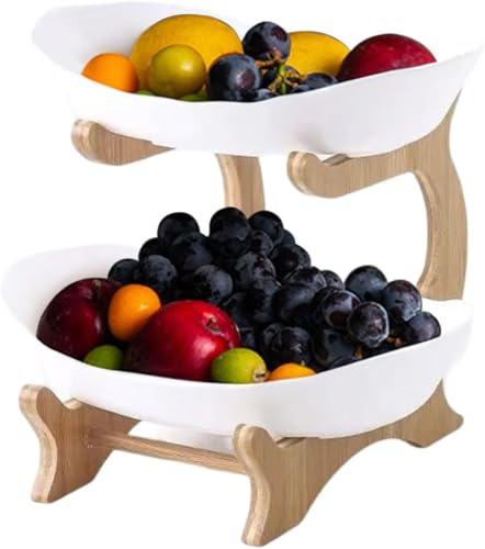 Fruit Bowl for Kitchen Counter, 2 Tier Plastic Fruit Bowl Set with Bamboo Wood Stand, Large Capacity Storage Basket, Tiered Dessert Serving Plate Tray Rack for Vegetable Bread Candy Cake Party (White)