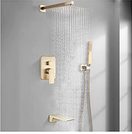 Kitchen Faucet Concealed Shower System with Waterfall Tub Spout and Handheld Shower Head, Brushed Gold Rain Shower Faucet Sets Complete Used for Bathroom Renovation,Wall 8inch