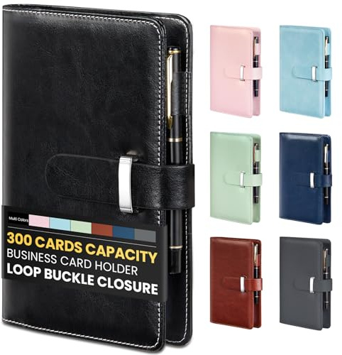 Sooez 300 Capacity Business Card Holder Organizer, Professional Business Card Holder Case Book with Secure Loop, Premium Vegan Leather Credit Card Holder for Women Men, Gift Card Storage, Black