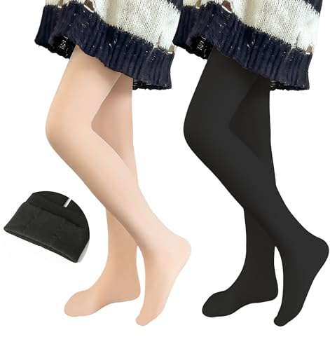 Domueay Filles Thermiques Collants Chauds, Lot de 2, Opaques Collant et Doublure Opaque, Enfants Classique Hiver Collants pour Performance danse école ballet, 4-6 ans, Noir & Peau