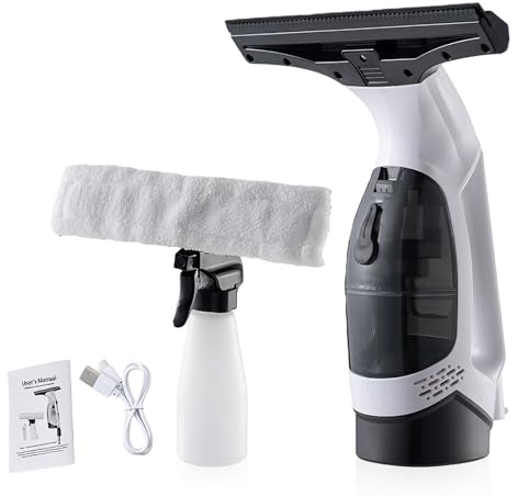 GOEDCH Aspirapolvere per finestra a batteria: aspirapolvere a batteria e flacone spray, aspirapolvere per finestra ricaricabile con striscia di gomma morbida, flacone spray e asciugamano per finestre