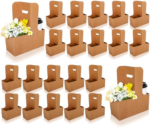 Whaline 60 Pcs Mother's Day Kraft Flower Gift Bags Drink Carriers with Handle to 2 Cup Brown Floral Wrap Packing Box Paper Holder Baskets for Valentine's Day Wedding Baby Shower Birthday Party Decor