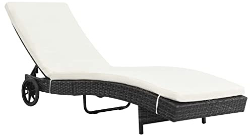 Mokuyary Sonnenliege mit Rollen und Auflage Poly Rattan Schwarz, Strandliege mit Verstellbare Rückenlehne, mit Rädern Gartenliege Liegestuhl für Garten, Balkon, Terrasse, Camping, Strand, Pool