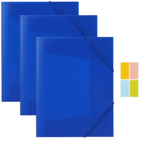 3 Stück Postmappe A4 Schule, Blau PP Sammelmappe mit Gummiband, Robust | Langlebig Eckspannermappe für Schule, Büro und Zuhause