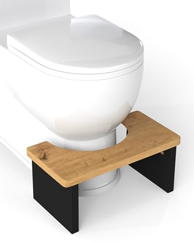 hitsuki Tabouret Toilette en Bois Marche Pied WC Ergonomique 20cm Tabouret WC en MDF Épais 25mm, Marche Pied Toilette Salle de Bain Stable pour Adultes et Enfants, Chêne et Noir 45x23x20cm