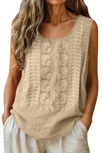 Camiseta sin mangas para mujer, de algodón liso, estilo lino, sin mangas, con tirantes anchos, para verano, informal, para vacaciones, fin de semana, uso diario, A01_beige, M