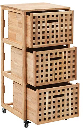 Generico Mueble de baño de madera maciza de nogal, 41 x 41 x 91 cm, contenedor con 3 cestas y 4 ruedas, armario para toallas y ropa, color natural