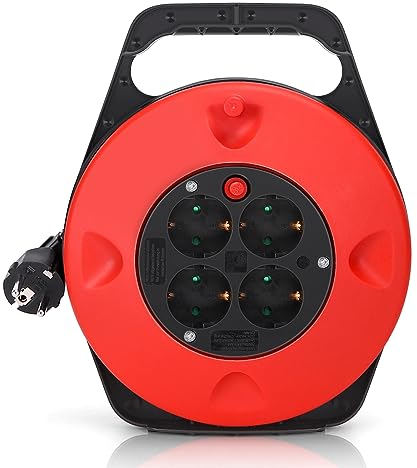 Aigostar 177447 - Cable de alimentación de bobina de cable enrollable de 15 metros con 4 tomas de corriente, cable retráctil de alta resistencia, disyuntor de 16A y materiales anti-inflamables