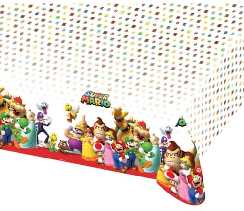 Amscan 9901539 - Tischdecke Super Mario, Größe 120 x 180 cm, Kunststoff, wasserabweisend, Luigi, Prinzessin, Super Mario World, Geburtstag, Mottoparty