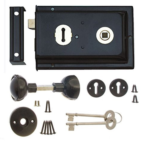 Rim Lock & Handle Set 6 x 4 Sashlock with Knobs - Black