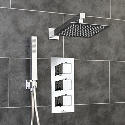 ECOSPA Modern Concealed Twin Thermostatic Shower Mixer Valve in Chrome with 2 Outlets, 3 Square Handles, Thin Square Overhead and Shower Handset Kit with Anti-Scalding Safety Feature