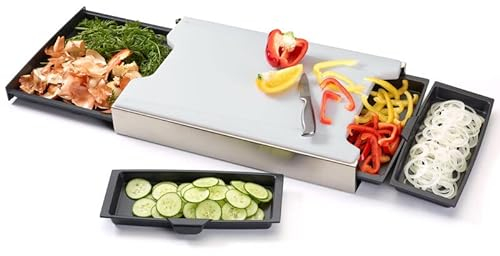 Schneidbox Kunststoff - Schneidebrett Mit 4 Auffangschalen Im Edelstahlkasten - Patentiertes Trennsystem - Made In Germany - 46 x 30 x 7 cm
