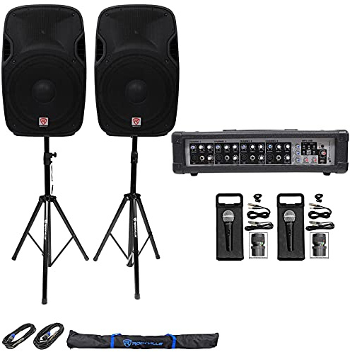 Rockville SPGN158 Bundle: (2) 15 3200W Peak/400W RMS Passive DJ PA Speaker, RPM45 1800W 4-Channel Mixer, (2) RMC-XLR Mics, RVSS2-TSNL4 Tripod Speaker Stands, (2) 20ft 1/4-SpeakOn Cables, 8-Items