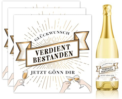 Flaschenetikett Verdient Bestanden, 3er Set Aufkleber, Etikett selbstklebend, Geschenk für bestandene Prüfung, Abschluss, Abi 2024, Führerschein, Studium, Abitur (weiß)