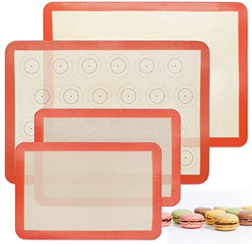 Silicone Baking Mats Set of 4, Non Stick Reusable Silicone Liners for 11 x17 Half Sheet and 8 x 12 Quarter Sheet for Baking Macaron/Cookie/Bread/Pastry