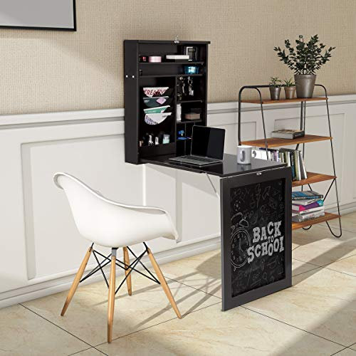 COSTWAY Folding Wall Mounted Drop-Leaf Table, Space Saving Floating Computer Desk with Chalkboard and Adjustable Storage Shelves, Home Office Living Room Bedroom Hanging Dining Table (Black)