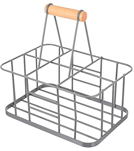 YARNOW Flaschenträger Metall 6 Flasche Flaschenkorb Flaschenhalter Bier Rack Bierkasten mit Holz Haltegriff für Bier Dosen Wein Grill Hotel Restaurant Bar Grau
