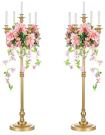 Sziqiqi 124cm Or Bougeoir Chandelier en Métal Lot de 2, Candélabre à 5 Bras Porte-Bougeoir Antique Décor Centre de Table pour Fête Mariage