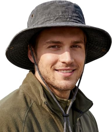 Zylioo XXL Boonie Hat for Big Heads, Washed Cotton Sun Hat with Strap Black