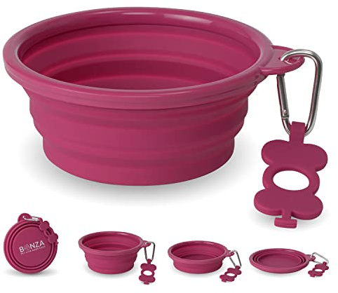 Bonza Large Collapsible Dog Bowl 1000 ML, Sturdy Reinforced Rim, Includes Carabiner & Water Bottle Holder Keychain, Pink