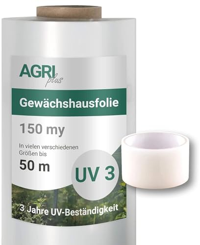 AGRI plus Film de Serre avec Ruban de réparation I 2 x 25 m I différentes Tailles I 0,150 mm épaisseur I bâche Jardin résistante aux déchirures & aux intempéries I 3 Ans de résistance aux UV
