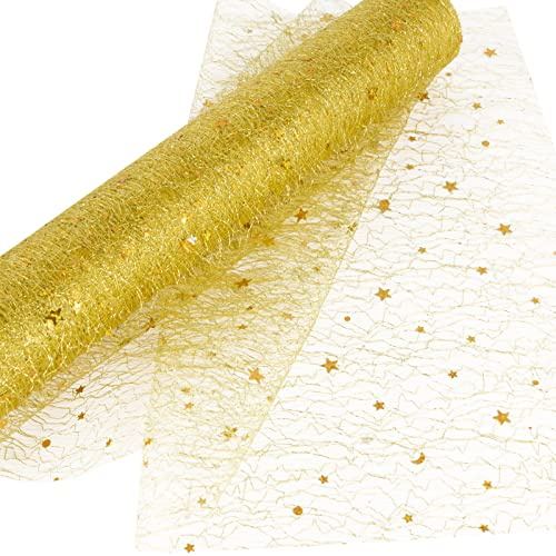 30cm x 4.5M Tüll Rolle Gold Tüllstoff Sterne Mond mit Glitzer Tüll Stoff Tischläufer Tischband Tüllband Deko für Weihnachten Hochzeit Ramadan Eid Mubarak DIY Basteln(Gold)