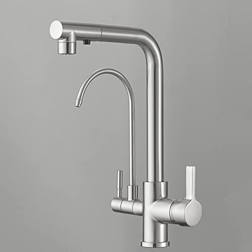 Rubinetto 3 Vie con Doccetta Estraibile Miscelatore Cucina 3 Vie Girevole a 360° per Depuratore Acqua Osmosi Inversa Rubinetto Tre Vie Cucina Spazzolato