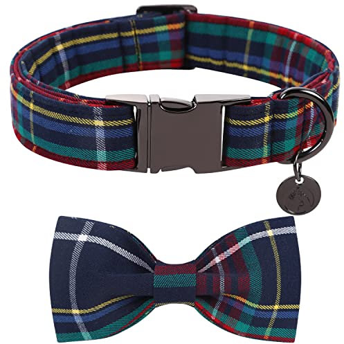 DOGWONG Rot Hundehalsband mit Fliege - Rot Blau Kariert komfortable Baumwolle Weihnachten Hundehalsband mit abnehmbaren Fliege für klein Groß Mittel Hund