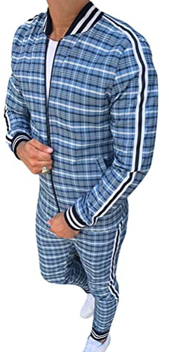 Oanviso Freizeitan-Set Herren Langarm Kariertes Trainingsanzug Sportanzug mit Reißverschluss und Tasche Jogginganzug Slim Fit Männer Sweatjacke Trainingshose Karierter Zweiteiliger Sets B01 XXL
