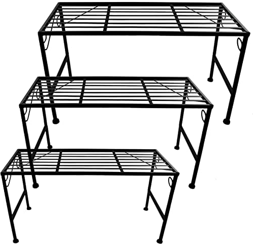 PrimoLiving XXL Metall Blumentreppe 3-teilig schwarz - Klappbare 3-stufige Blumenbank Metall-Bank Blumenregal Outdoor Indoor Pflanzenständer Zwei Teile Pflanzenregal für Balkon Terrasse Garten P-14950