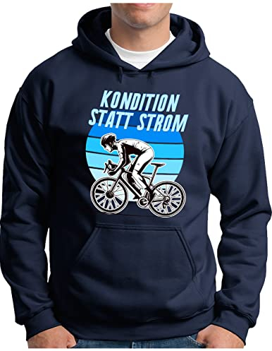 OM3® Rennrad Fahrrad Hoodie mit Spruch - Herren - Kondition statt Strom - Muskelkraft kein e Bike II - Kapuzen-Pullover Navy, XL