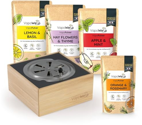 VapoWesp Räucherbox gegen Wespen Komplett-Set | Inkl. je 100g Apple & Mint, Lemon & Basil, Hay Flowers & Thyme und 50g Orange & Rosemary | Aromatisiere den Kaffeerauch mit dem VapoPulver