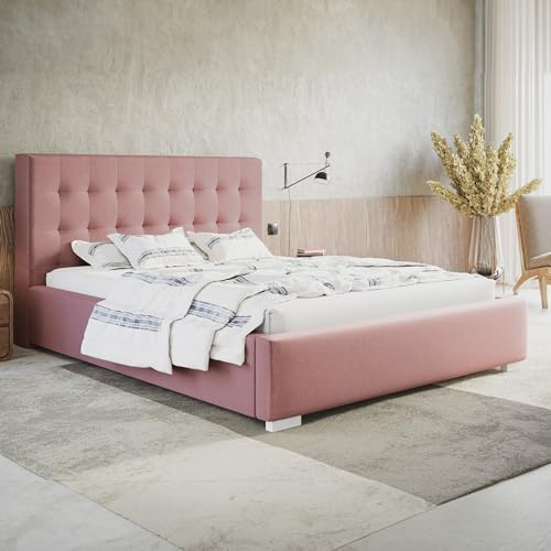 MOTIVENA Deli Bett 180x200 Rosa Samt, mit Stauraum, mit Kopfteil, mit Lattenrost, mit Füßen, ohne Matratze, Polsterbett 180x200 mit Bettkasten Rosa
