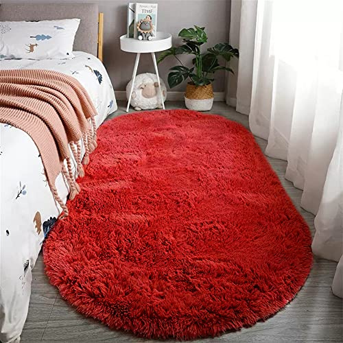 Reyox Teppich Oval Hochflor Shaggy rutschfest Pflegeleicht, Flauschig Weich Langflor Teppich für Wohnzimmer Schlafzimmer Bettvorleger Rot 60 x 120 cm
