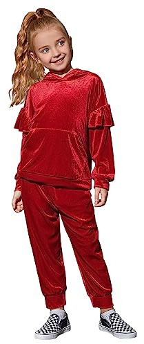 Mirawise Girls 2 Piece Sweatsuit Sweatpants Hoodie Tracksuit Set Velour Ruffle Long Sleeve Baggy Pullover Sweatshirt Jogger Suit with Pocket Velet for Hip Pop Dance 6-7 Years Red