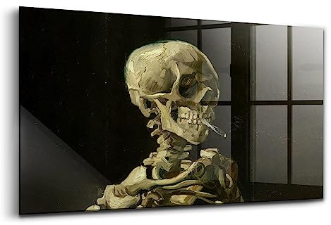 Wallfluent 140x70 cm Schlafzimmerdekoration Wanddekoration Glas Wunderschönes Dekor - Anatomie -Skelett mit einer Zigarette