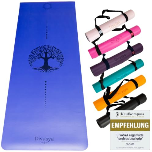 DIVASYA esterilla yoga antideslizante caucho natural, esterilla yoga gruesa máximo agarre, colchoneta yoga, extra ancha y gruesa (185x68x0,45cm), con correa de transporte, pilates