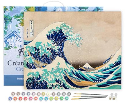 Figured'Art Peinture par Numéro Adulte avec Cadre La Grande Vague de Kanagawa - Katsushika Hokusai - Activité Manuelle Kit de Loisir Créatif DIY Numéro d'Art Complet - 40x50cm toile tendue sur châssis