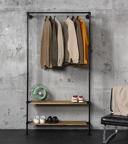 RSR Hangers Kleiderstange Garderobe Industrial Design Leo Schwerlast Kleiderständer Wand Flur offener begehbarer Kleiderschrank Schlafzimmer mit Eichenholz Ablage Breite 100 cm